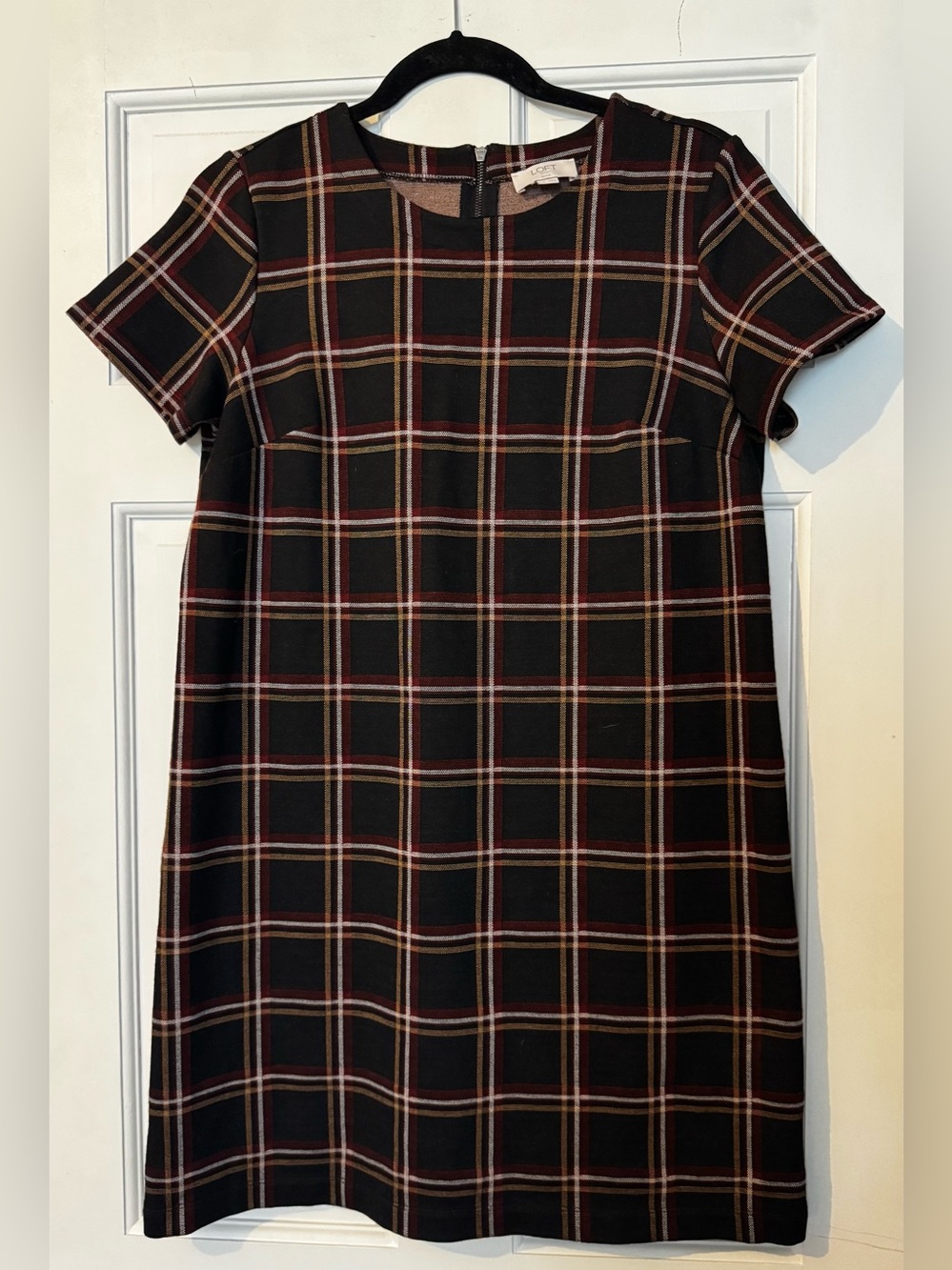 LOFT Black and Burgundy Plaid Short-Sleeve Midi Dress